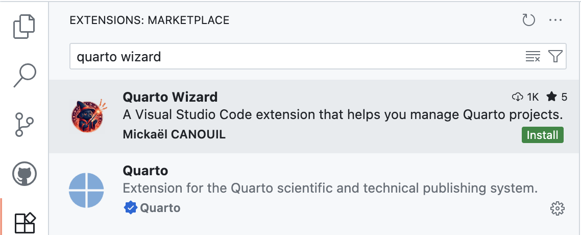 Visual Studio Code Extensions Marketplace showing Quarto Wizard search results with install button.